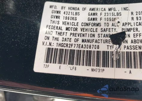 2014 Honda Accord Ex z USA, uszkodzony, nr VIN 1HGCR2F77EA308708